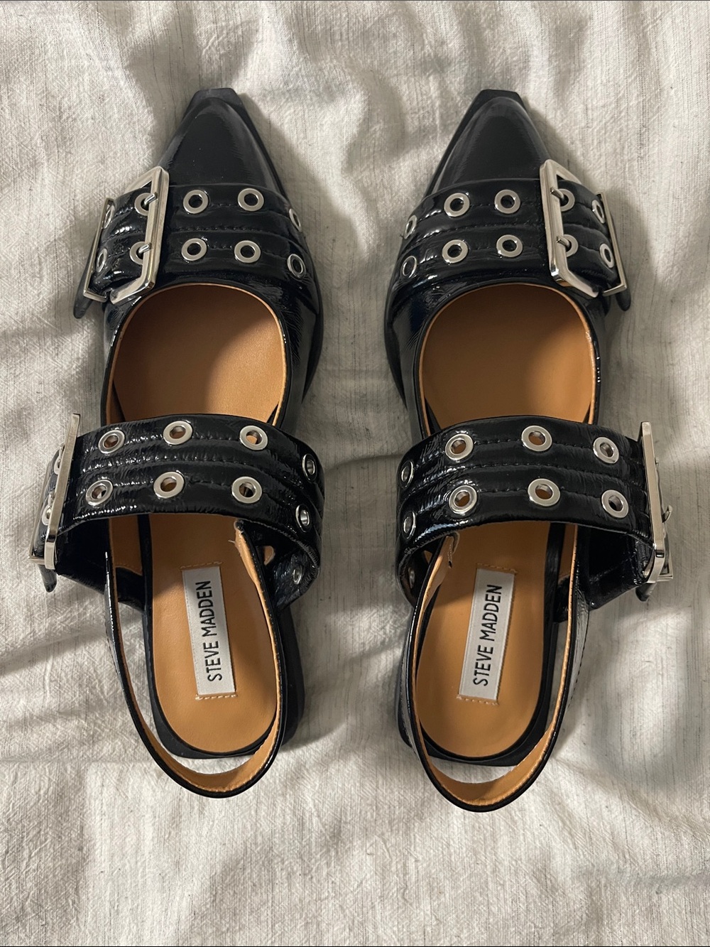 Steve Madden Black Patent Buckle & Grommet Slingback Flats